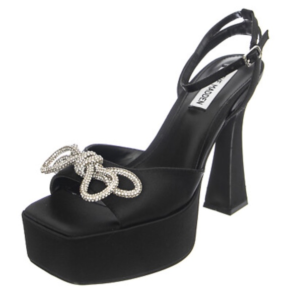 Steve Madden Black Satin Platform Heels with Silver Bow Accents “Darla” - Picture 1 of 8